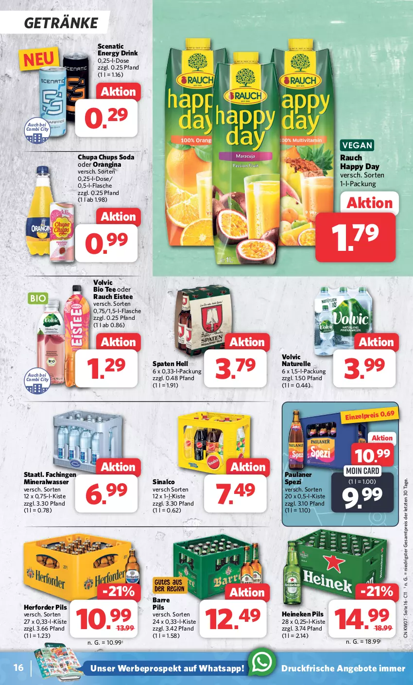 Aktueller Prospekt Combi - Prospekte - von 12.02 bis 17.02.2024 - strona 16 - produkty: Alwa, angebot, angebote, bio, chupa, chupa chups, drink, eis, eistee, elle, energy drink, flasche, getränk, getränke, gin, Happy Day, heineken, mineralwasser, natur, orangina, Paula, paulaner, pils, Rauch, reis, rel, sinalco, Soda, Spaten, Spezi, Staatl. Fachingen, tee, Ti, volvic, wasser, ZTE