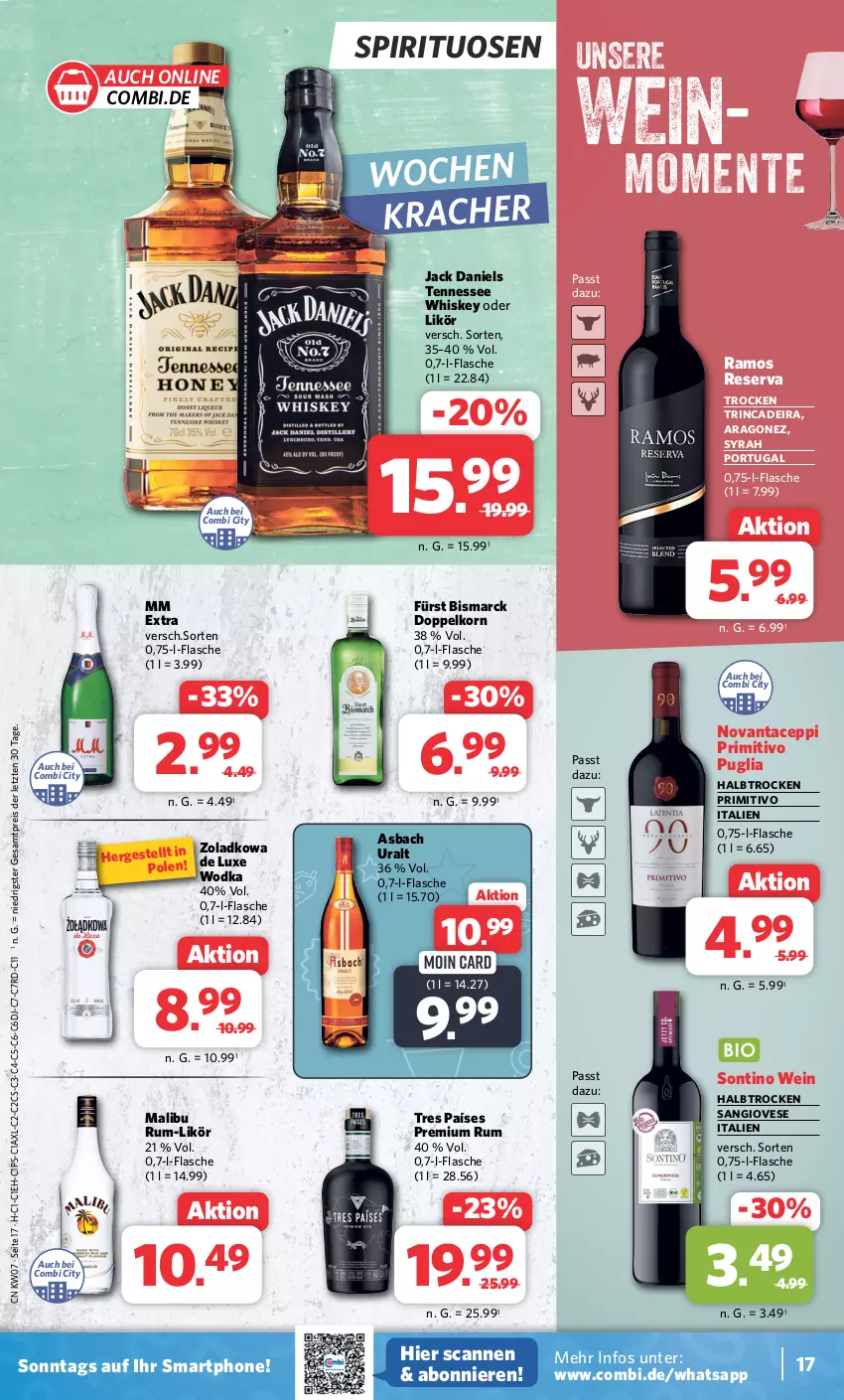 Aktueller Prospekt Combi - Prospekte - von 12.02 bis 17.02.2024 - strona 17 - produkty: asbach uralt, bismarck, doppelkorn, eis, ente, flasche, jack daniel, jack daniels, korn, kracher, likör, Malibu, mm extra, primitivo, reis, rum, smartphone, spirituosen, tennessee whiskey, Ti, wein, whiskey, wodka, ZTE