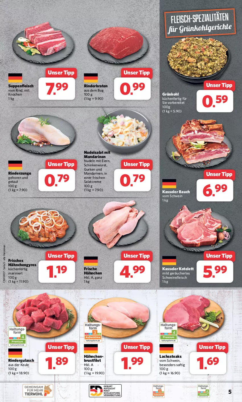 Aktueller Prospekt Combi - Prospekte - von 12.02 bis 17.02.2024 - strona 5 - produkty: Bau, braten, brustfilet, creme, eier, eis, filet, fleisch, Frische Hähnchen, gulasch, gurke, gurken, gyros, hähnchenbrust, hähnchenbrustfilet, Hähnchengyros, kasseler, kotelett, küche, Küchen, lachs, LG, mandarine, mandarinen, nudel, nudeln, nudelsalat, rind, rinder, rinderbraten, rindergulasch, Rinderzunge, saft, salat, salatcreme, schinken, schinkenwurst, schwein, schweine, schweinefleisch, Spezi, steak, steaks, suppe, suppen, suppenfleisch, Ti, wein, weine, wurst