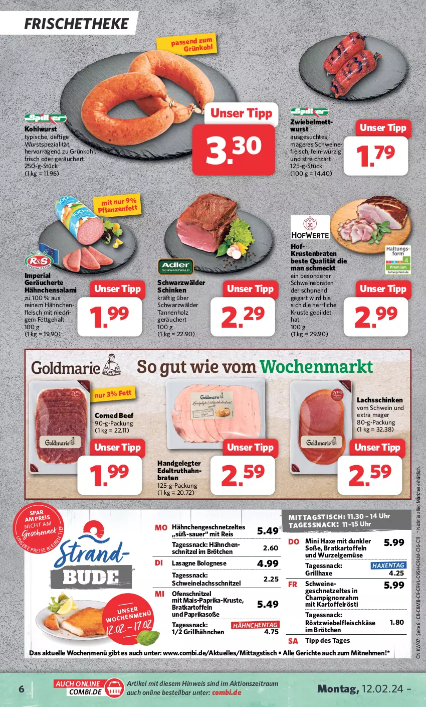 Aktueller Prospekt Combi - Prospekte - von 12.02 bis 17.02.2024 - strona 6 - produkty: auer, axe, beef, bolognese, braten, brötchen, champignon, corned beef, eis, elle, fleisch, fleischkäse, geschnetzeltes, grill, grillhähnchen, grillhaxe, Hähnchenfleisch, Hähnchengeschnetzeltes, Hähnchenschnitzel, Haxe, Holz, kartoffel, kartoffeln, Käse, krustenbraten, lachs, lachsschinken, lasagne, LG, mac, mais, Mett, Ofen, paprika, pflanze, pflanzen, Pflanzenfett, reis, Ria, salami, schinken, schnitzel, schwarzwälder schinken, schwein, schweine, schweinebraten, schweinefleisch, Schweinelachs, snack, Soße, Spezi, Streichzart, Ti, tisch, truthahn, uhr, wein, weine, wurst, Zelt, zwiebel