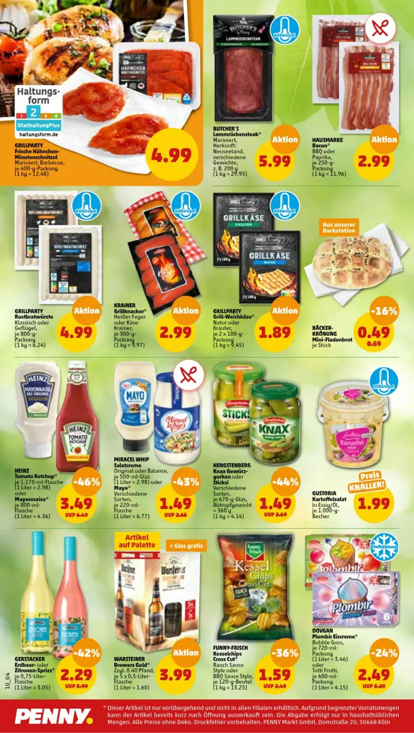 Aktueller Prospekt Penny - Prospekte - von 05.06 bis 10.06.2023 - strona 10 - produkty: bacon, barbecue, Becher, beutel, brot, chips, creme, dovgan, eis, eiscreme, Elan, essig, Fladenbrot, flasche, Frische Hähnchen, funny-frisch, Geflügel, gin, grill, hausmarke, Käse, knacker, kräuter, lamm, Lammrücken, minutenschnitzel, miracel, miracel whip, natur, oder kräuter, paprika, Rückensteak, salat, salatcreme, sauce, schnitzel, Sprizz, steak, steiner, Ti, warsteiner, Yo, zitrone, zitronen