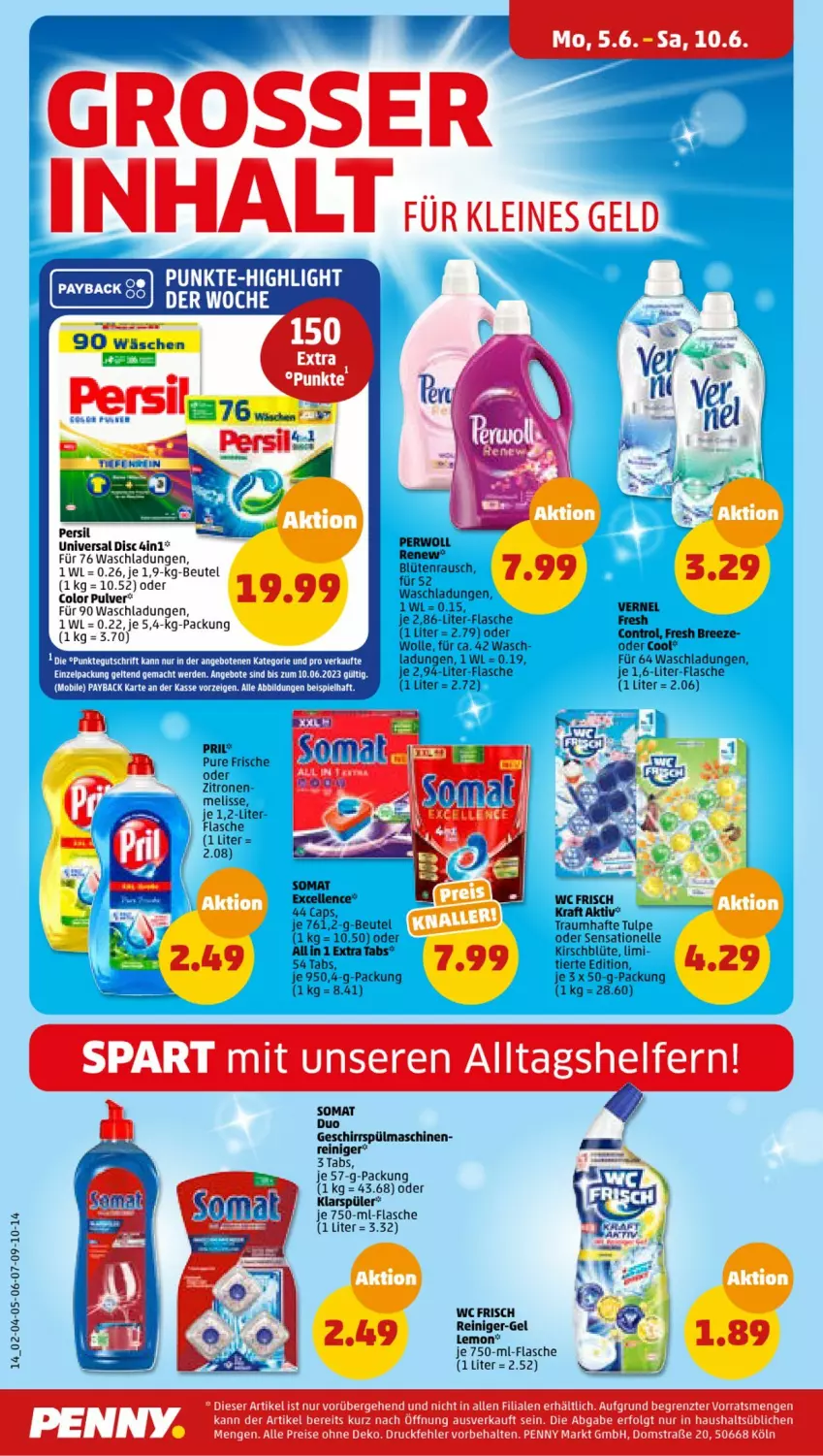 Aktueller Prospekt Penny - Prospekte - von 05.06 bis 10.06.2023 - strona 14 - produkty: angebot, angebote, beutel, Blüte, bree, Cap, eis, elle, erde, flasche, kirsch, klarspüler, kraft, leine, LG, mac, perwoll, pril, reiniger, reis, somat, Ti, vernel, wc frisch, wolle, zitrone, zitronen, ZTE