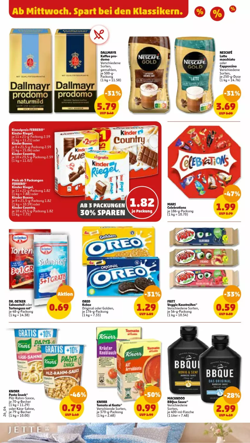 Aktueller Prospekt Penny - Prospekte - von 05.06 bis 10.06.2023 - strona 28 - produkty: ACC, aust, Becher, Cap, cappuccino, chia, cin, dallmayr, Dr. Oetker, flasche, gin, Käse, Kaustreifen, keks, kekse, knorr, latte, latte macchiato, mac, macchiato, nescafe, oreo, pasta, pasta snack, reifen, sahne, sahnesteif, sauce, snack, Ti, tomato al gusto, torte, tortenguss, veggie