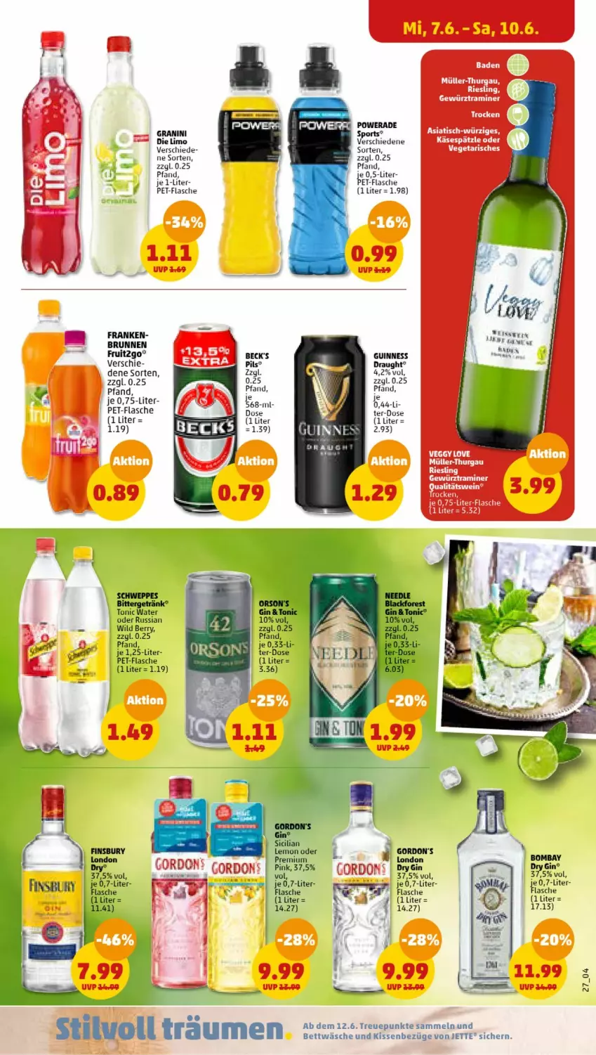 Aktueller Prospekt Penny - Prospekte - von 05.06 bis 10.06.2023 - strona 29 - produkty: Bad, beck's, bett, bettwäsche, brunnen, dry gin, ente, finsbury, flasche, getränk, gewürz, gin, gordon, Gordon’s, granini, Guinness, Käse, kissen, lack, limo, Müller, Müller-Thurgau, pet-flasche, pils, riesling, schweppes, Sport, Ti, tisch, tonic, tonic water, Vegeta, wein, Wild, wild berry