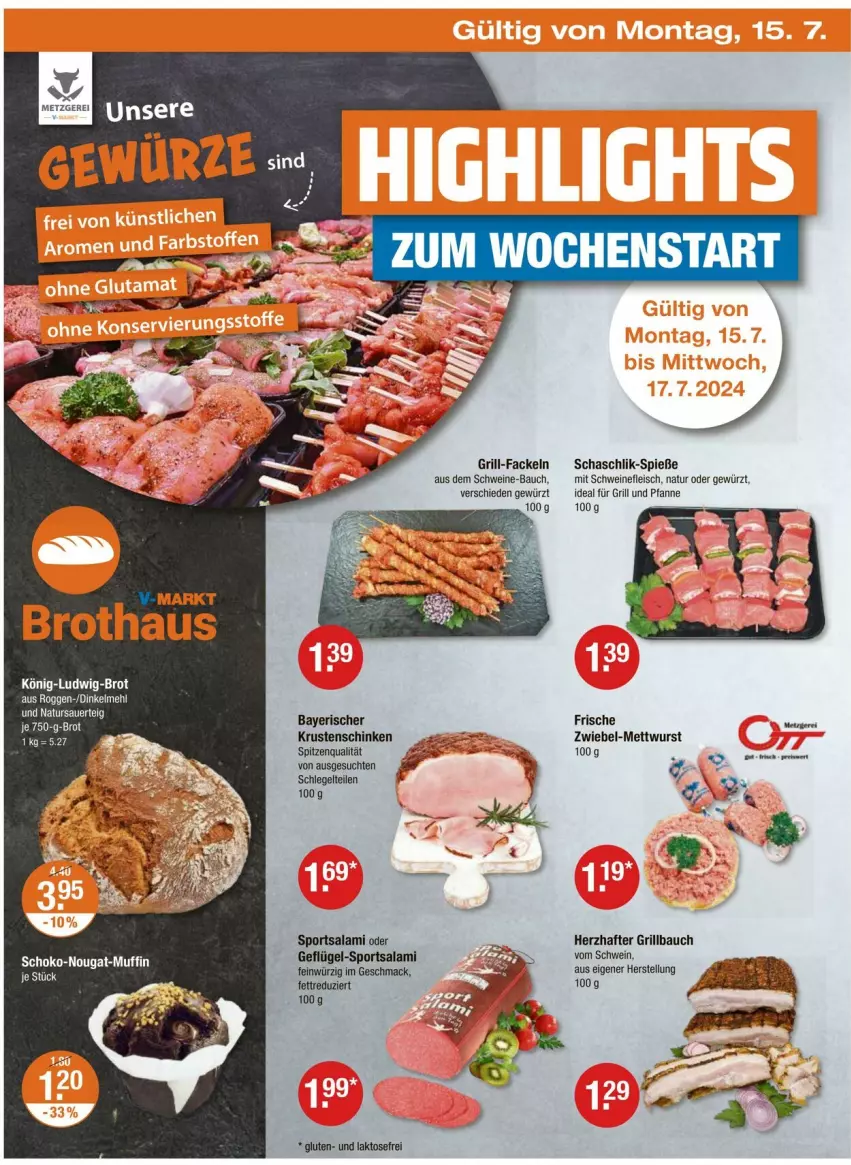 Aktueller Prospekt Vmarkt - Prospekte - von 11.07 bis 17.07.2024 - strona 18 - produkty: auer, Bau, brot, eis, fleisch, für grill und pfanne, Geflügel, gewürz, grill, grill und pfanne, grill-fackeln, Grillbauch, ideal für grill, ideal für grill und pfanne, Krustenschinken, mac, Mett, mettwurst, natur, pfanne, salami, schinken, schwein, schweine, schweine-bauch, schweinefleisch, spitzenqualität, Sport, und pfanne, wein, weine, wurst, zwiebel