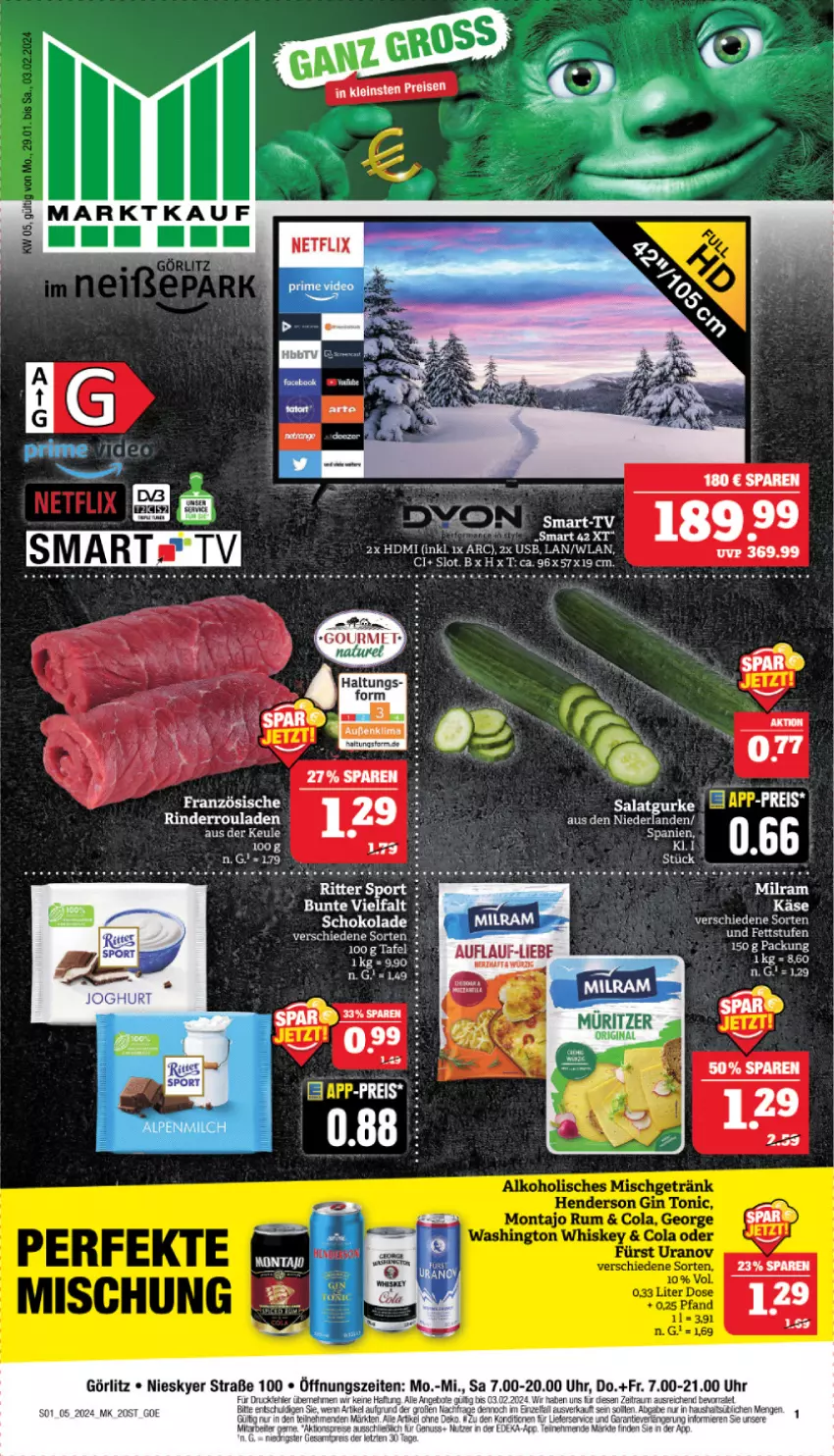 Aktueller Prospekt Marktkauf - Prospekt - von 28.01 bis 03.02.2024 - strona 1 - produkty: eier, eis, ente, gin, gurke, HDMI, Käse, reis, rind, rinder, Rinderroulade, rinderrouladen, rouladen, salat, Salatgurke, schoko, schokolade, tee, Ti, usb