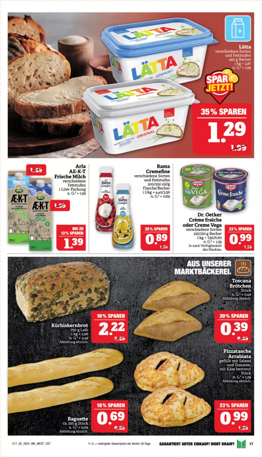 Aktueller Prospekt Marktkauf - Prospekt - von 28.01 bis 03.02.2024 - strona 17 - produkty: arla, baguette, Becher, brot, brötchen, creme, eis, flasche, frische milch, Käse, Kürbis, merl, milch, rama, reis, salami, Ti, ZTE