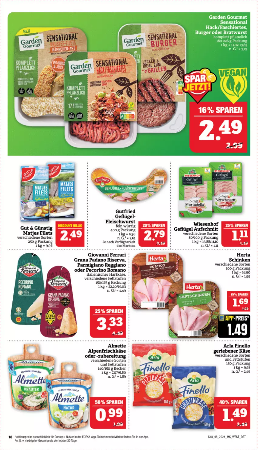 Aktueller Prospekt Marktkauf - Prospekt - von 28.01 bis 03.02.2024 - strona 18 - produkty: aktionspreis, arla, aufschnitt, Becher, burger, deka, dell, eis, ente, filet, filets, finello, fleisch, fleischwurst, Geflügel, grana, grana padano, gutfried, hartkäse, italienischer hartkäse, Käse, matjes, nuss, padano, parmigiano, parmigiano reggiano, Pecorino, Rana, reggiano, reis, riserva, schinken, Ti, wiesenhof, wurst, ZTE