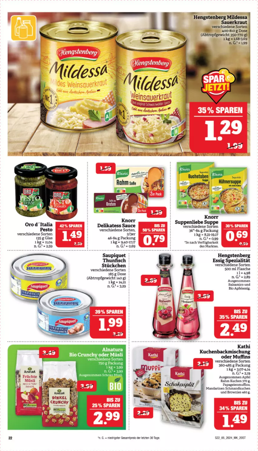 Aktueller Prospekt Marktkauf - Prospekt - von 28.01 bis 03.02.2024 - strona 22 - produkty: apfel, apfelessig, backmischung, balsam, balsamico, bio, braten, brownie, brownies, delikatess sauce, eis, essig, flasche, hengstenberg, knorr, kuchen, mandarine, mandarinen, Muffin, muffins, müsli, natur, natura, ndk, pesto, reis, sauce, schmand, suppe, suppen, suppenliebe, ZTE