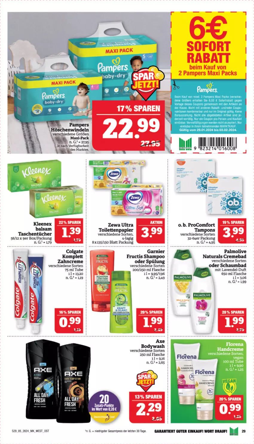 Aktueller Prospekt Marktkauf - Prospekt - von 28.01 bis 03.02.2024 - strona 29 - produkty: Bad, balsam, body, creme, eis, flasche, lavendel, natur, natura, O.b., olive, palmolive, papier, procomfort, reis, rel, schaumbad, spülung, Tampon, tampons, Tasche, taschen, taschentücher, Ti, toilettenpapier, tücher, ZTE