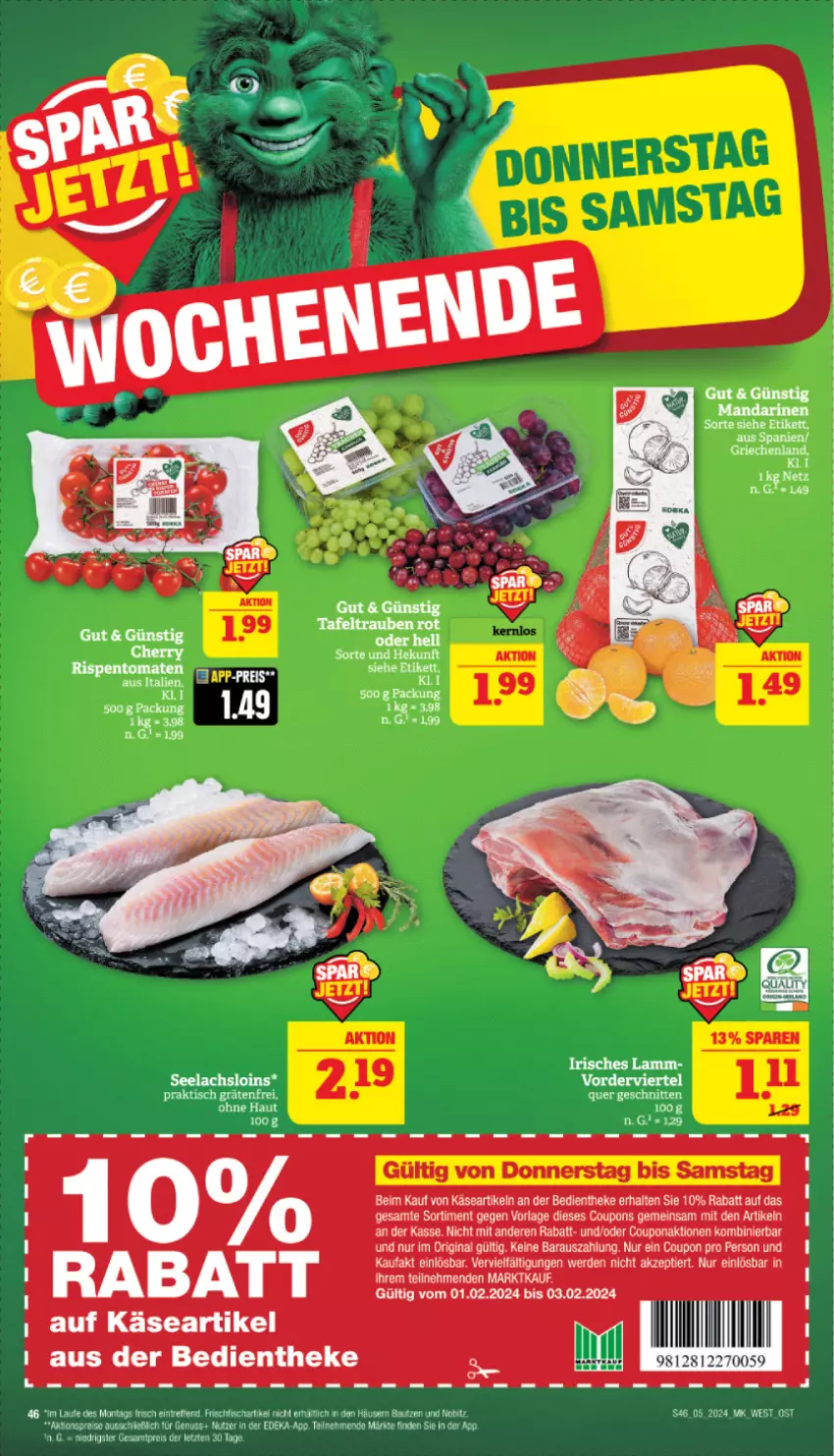 Aktueller Prospekt Marktkauf - Prospekt - von 28.01 bis 03.02.2024 - strona 46 - produkty: aktionspreis, Bau, coupon, coupons, deka, eis, erde, fisch, frischfisch, gin, Käse, lachs, lamm, nuss, reis, schnitten, tafeltrauben, tee, Ti, trauben, ZTE