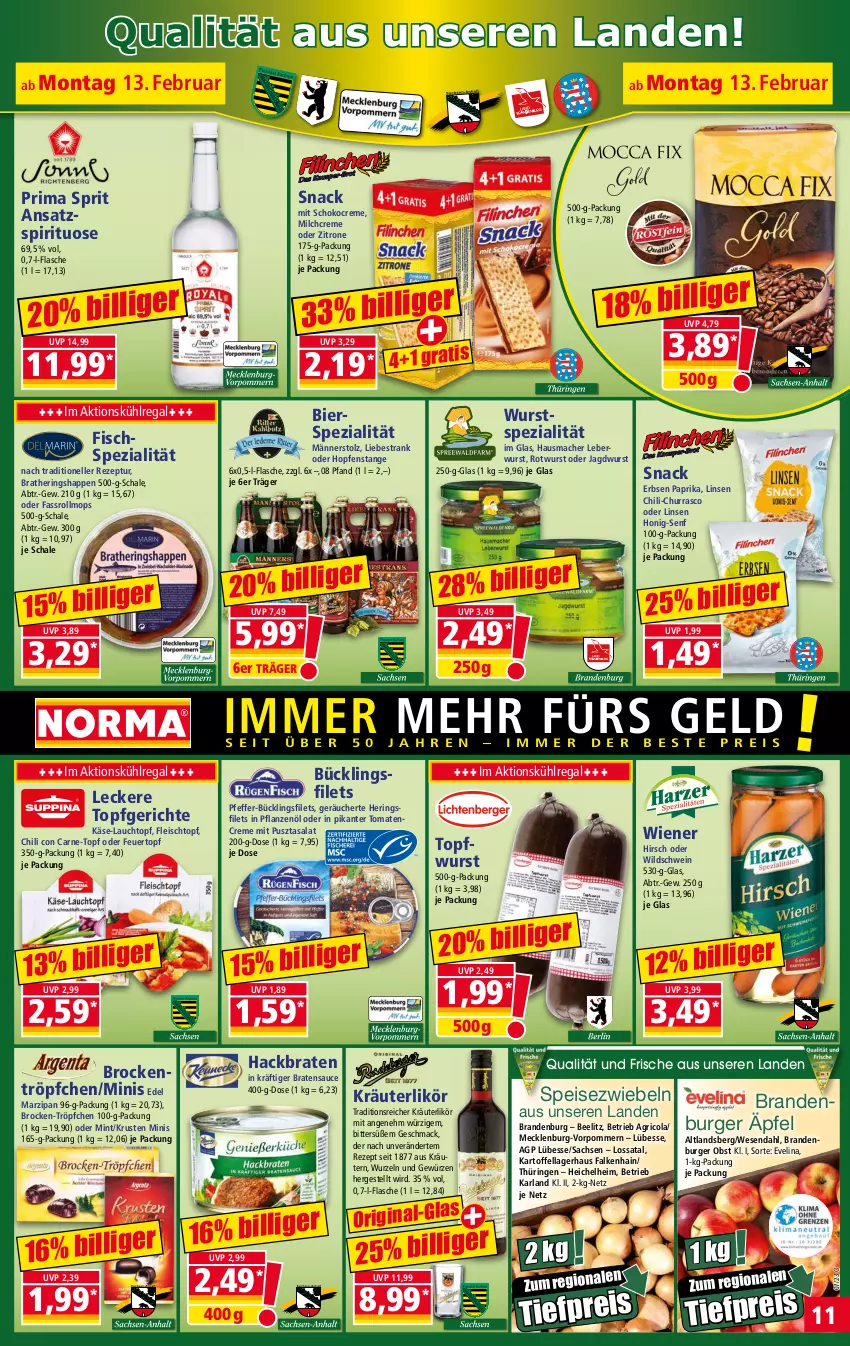 Aktueller Prospekt Norma - Norma - von 13.02 bis 20.02.2023 - strona 11 - produkty: arla, bier, Brandenburger äpfel, braten, Brock, burger, chili, cola, creme, eis, elle, erbsen, filet, filets, fisch, flasche, fleisch, Fleischtopf, gewürz, gin, Hausmacher, hering, Herings, heringsfilets, Heringshappen, honig, Honig-Senf, jagdwurst, kartoffel, Käse, kräuter, kräuterlikör, kräutern, kühlregal, leberwurst, likör, linsen, mac, marzipan, milch, mint, obst, paprika, pfeffer, pflanze, pflanzen, Pflanzenöl, Pusztasalat, regal, reis, rezept, Ricola, ring, Rotwurst, sac, salat, sauce, Schal, Schale, schoko, schwein, senf, snack, Speisezwiebeln, Spezi, Ti, tiefpreis, tomate, tomaten, topf, wein, wiener, Wild, Wildschwein, wurst, zitrone, zwiebel, zwiebeln