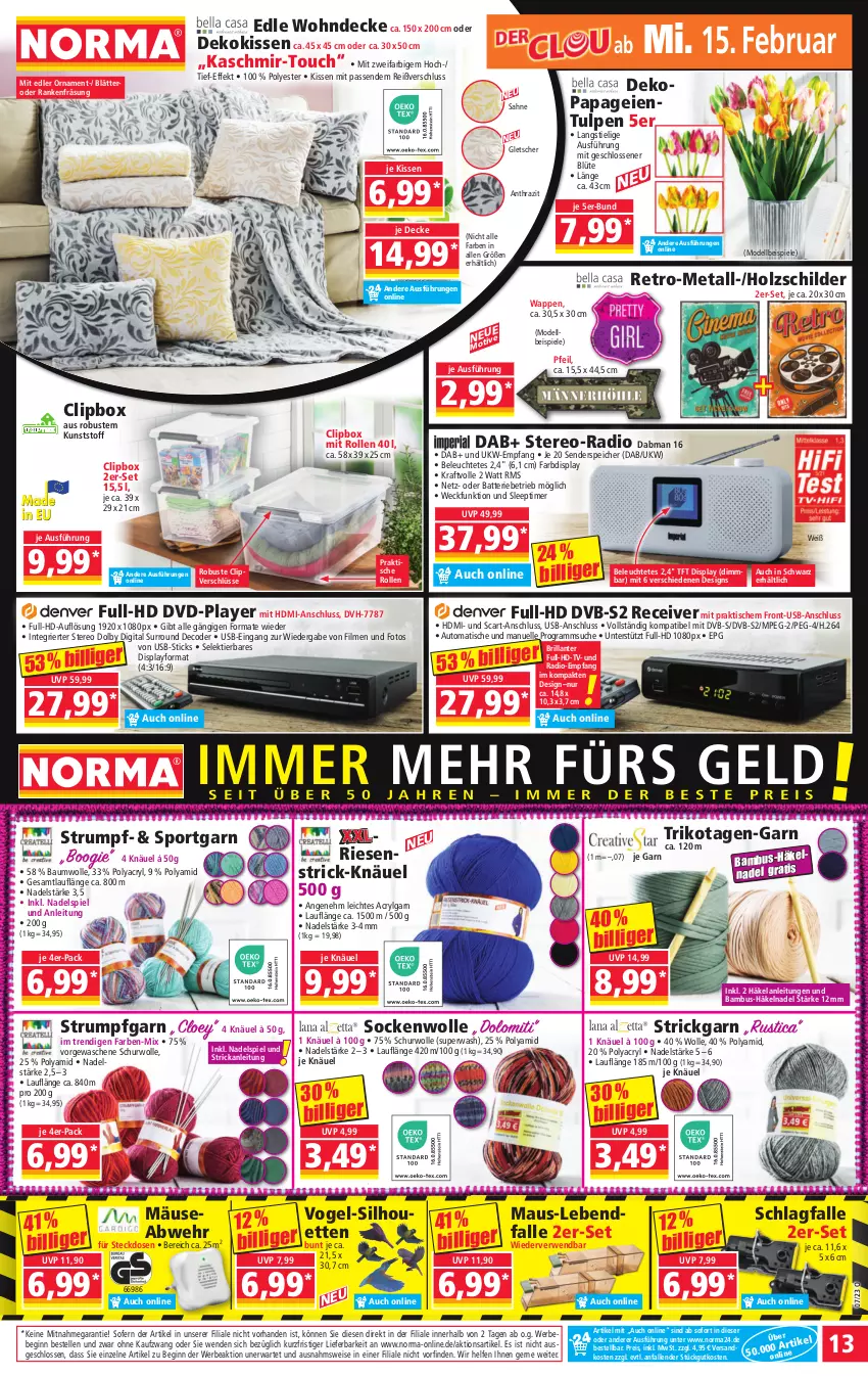 Aktueller Prospekt Norma - Norma - von 13.02 bis 20.02.2023 - strona 13 - produkty: auto, bambus, batterie, Bau, baumwolle, Bebe, Blüte, decke, dekokissen, dell, dvb, dvb-s2, dvd, eis, Elan, elle, enders, gin, HDMI, Holz, kissen, kraft, Leuchte, LG, Maus, Mode, ndk, Radio, Receiver, reis, rum, rwe, sahne, socken, Spiele, Sport, steckdose, Strickgarn, Ti, timer, tisch, Trikot, usb, weck, wolle