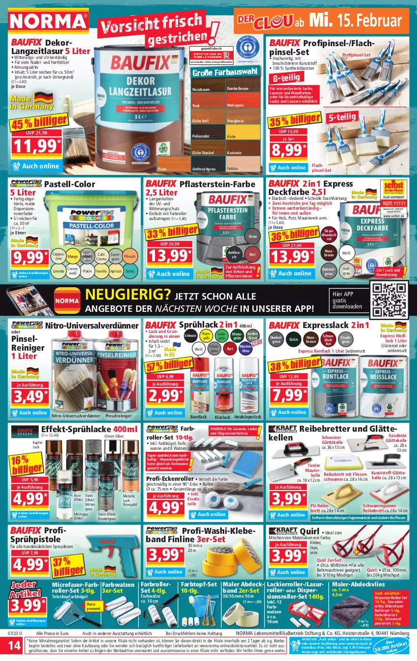 Aktueller Prospekt Norma - Norma - von 13.02 bis 20.02.2023 - strona 14 - produkty: abdeckvlies, angebot, angebote, arla, asti, auer, Bau, Beba, Bebe, braun, bügel, Cap, cin, creme, decke, eimer, eis, elle, erde, Farbroller, Farbwalzen, Fassadenroller, gin, Holz, HP, innenfarbe, kleber, lack, Lacke, Lackierroller, lebensmittel, LG, limette, mango, Mett, mikrofaser, milch, ndk, Nitro-Universalverdünner, nuss, perla, pfirsich, pflaster, Pflastersteine, Pinsel, reiniger, reis, Ria, Roller, rwe, schwamm, Sprühlack, Sprühpistole, Teleskop, tender, Ti, tisch, topf, topf-set, Universalverdünner, vanille, Wanne, wasser, Weißlack