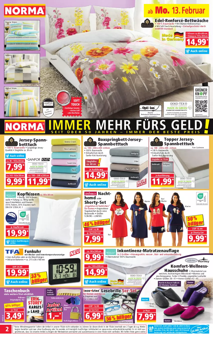 Aktueller Prospekt Norma - Norma - von 13.02 bis 20.02.2023 - strona 2 - produkty: aqua, batterie, batterien, Bau, baumwolle, Bebe, bett, Betttuch, bettwäsche, boxspringbett, Brille, buch, bürste, cashmere, dell, eis, elle, Engel, ente, Flowers, gin, Hausschuhe, hemd, Inkontinenz-Matratzenauflage, jersey-spannbetttuch, kissen, kopfkissen, LG, matratze, matratzen, matratzenauflage, Mode, Nachthemd, ndk, reine baumwolle, reis, renforcé-bettwäsche, Ria, ring, schuhe, shorty, spannbetttuch, Spiele, Tasche, taschen, Taschenbuch, Ti, topper, tuc, uhr, wasa, wasser, weck, wolle