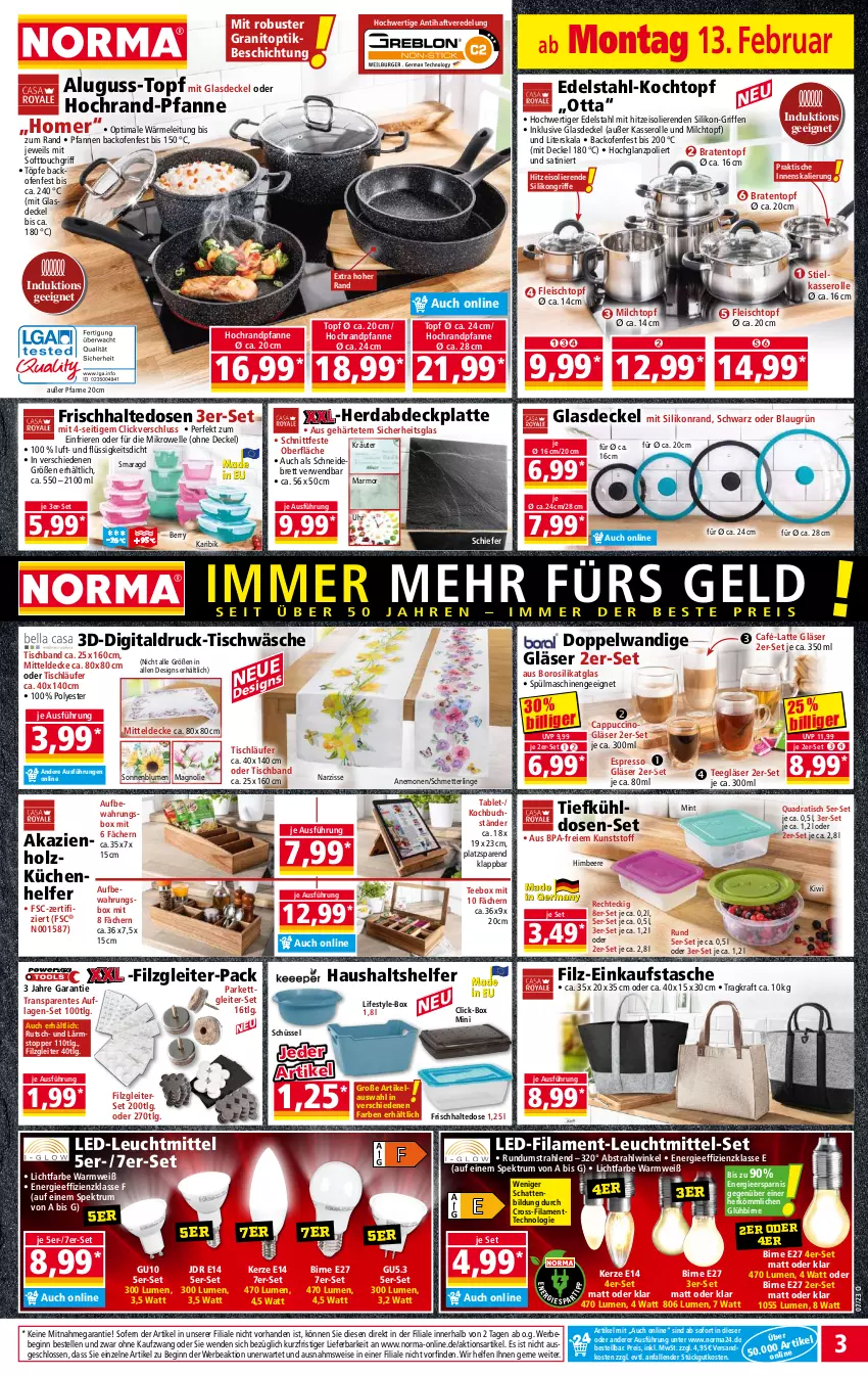 Aktueller Prospekt Norma - Norma - von 13.02 bis 20.02.2023 - strona 3 - produkty: aufbewahrungsbox, backofen, Bebe, beere, blume, blumen, braten, Bratentopf, buch, Cap, cappuccino, cin, decke, Deckel, edelstahl, Einkaufstasche, eis, elle, ente, espresso, fleisch, Fleischtopf, frischhaltedosen, gin, Glasdeckel, Gläser, himbeer, himbeere, hochglanz, Holz, kerze, kiwi, Kochtopf, kraft, kräuter, küche, Küchen, Küchenhelfer, latte, Läufer, leuchtmittel, LG, Mett, mikrowelle, milch, mint, mitteldecke, ndk, Ofen, pfanne, pfannen, quad, reis, rum, rwe, Schmetterling, schneidebrett, schüssel, sonnenblume, sonnenblumen, Spektrum, spülmaschinen, stielkasserolle, tablet, Tasche, tee, Ti, tisch, tischläufer, Tischwäsche, topf, topper, uhr