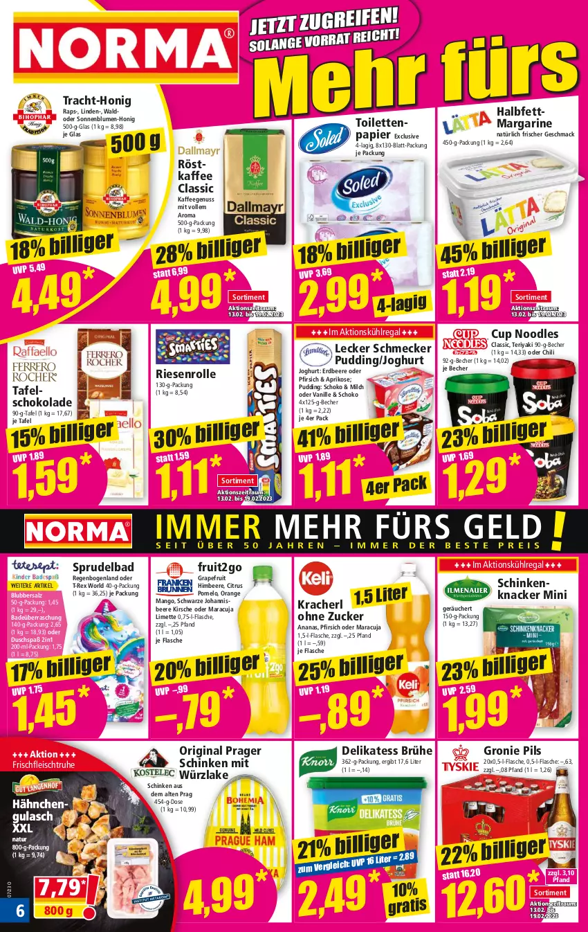 Aktueller Prospekt Norma - Norma - von 13.02 bis 20.02.2023 - strona 6 - produkty: ananas, aprikose, Bad, Becher, beere, blume, blumen, Brühe, chili, citrus, eis, erdbeere, flasche, fleisch, gin, grapefruit, gulasch, halbfettmargarine, himbeer, himbeere, honig, joghur, joghurt, johannisbeere, kaffee, kaffeegenuss, kirsch, kirsche, knacker, kracher, kühlregal, limette, mac, mango, maracuja, margarine, Mett, milch, natur, nuss, orange, papier, pfirsich, pils, Pomelo, pudding, regal, röstkaffee, salz, schinken, schoko, schokolade, sonnenblume, sonnenblumen, Sprudel, Sprudelbad, tafelschokolade, Ti, toilettenpapier, vanille, zucker