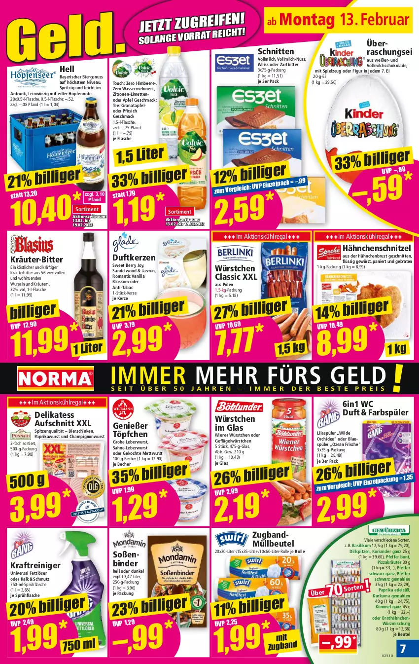 Aktueller Prospekt Norma - Norma - von 13.02 bis 20.02.2023 - strona 7 - produkty: apfel, aufschnitt, basilikum, Becher, beere, beutel, bier, braten, champignon, Duftkerze, eis, Fettlöser, flasche, Geflügel, gewürz, gin, grana, granatapfel, hähnchenbrust, Hähnchenschnitzel, himbeer, himbeere, kerze, Koriander, kraft, kräuter, kräutern, kühlregal, leberwurst, limette, limetten, mac, melone, melonen, Mett, metten, mettwurst, milch, müllbeutel, nivea, nuss, orchidee, paprika, pfeffer, pfirsich, pizza, Rana, regal, reiniger, Ria, sahne, schinken, schnitten, schnitzel, schoko, schokolade, Soße, spielzeug, spitzenqualität, sprühflasche, tee, Ti, Töpfchen, vollmilch, wasser, wassermelone, wassermelonen, wiener, wiener würstchen, Wild, wurst, würstchen, zitrone, zitronen