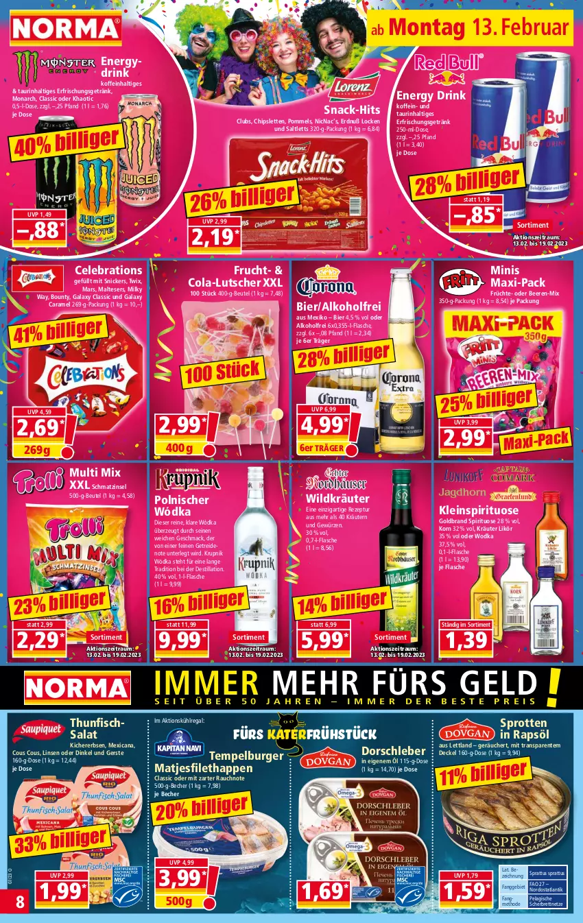 Aktueller Prospekt Norma - Norma - von 13.02 bis 20.02.2023 - strona 8 - produkty: alkohol, Becher, beere, beeren, beutel, bier, bounty, burger, caramel, chips, cola, Cous Cous, decke, Deckel, Dorsch, drink, energy drink, ente, erbsen, erfrischungsgetränk, filet, fisch, flasche, frucht, früchte, getränk, gewürz, kichererbsen, korn, kräuter, kräutern, kühlregal, likör, linsen, Lutscher, mac, malteser, mars, matjes, Matjesfilet, milky way, Pommels, rapsöl, Rauch, regal, rezept, salat, saltletts, snack, snickers, Sprotten, thunfisch, Thunfischsalat, Ti, twix, Wild, wodka