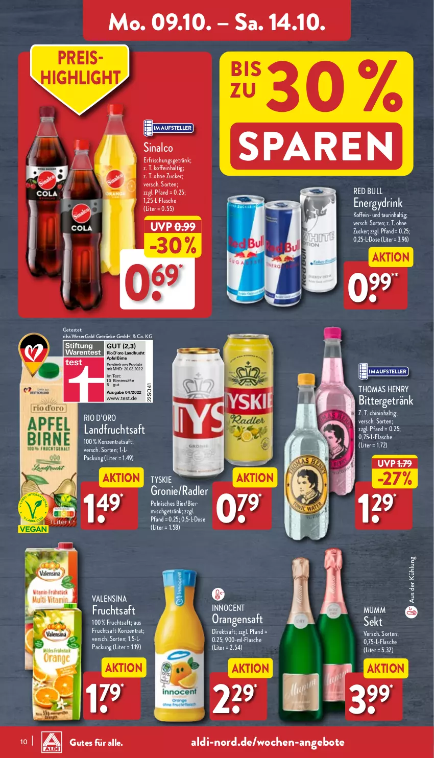 Aktueller Prospekt Aldi Nord - Von Montag - von 09.10 bis 14.10.2023 - strona 10 - produkty: aldi, angebot, angebote, apfel, bier, Birnen, d'oro, direktsaft, drink, eis, elle, erfrischungsgetränk, flasche, frucht, fruchtsaft, getränk, getränke, Innocent, mumm, orange, orangen, orangensaft, radler, red bull, reis, saft, säfte, sekt, sinalco, teller, thomas henry, Ti, tyskie, valensina, zucker