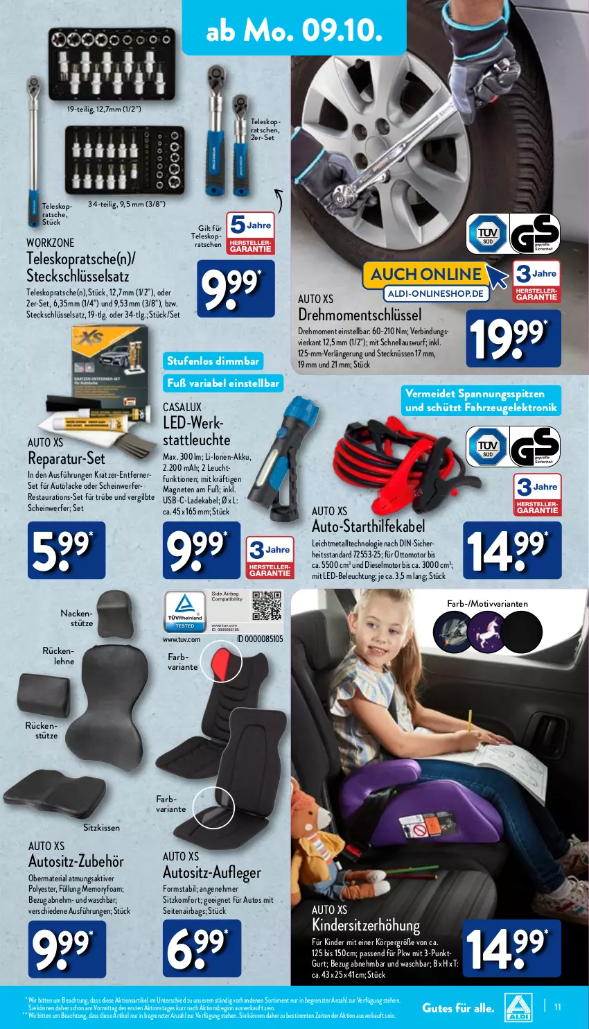 Aktueller Prospekt Aldi Nord - Von Montag - von 09.10 bis 14.10.2023 - strona 11 - produkty: akku, aldi, auto, beleuchtung, deka, Diesel, Elektro, gin, Kinder, Kindersitz, kissen, lack, Lacke, ladekabel, led-beleuchtung, Leuchte, LG, mit led-beleuchtung, Ria, Sitzerhöhung, sitzkissen, Steckschlüsselsatz, Teleskop, Ti, usb, ZTE