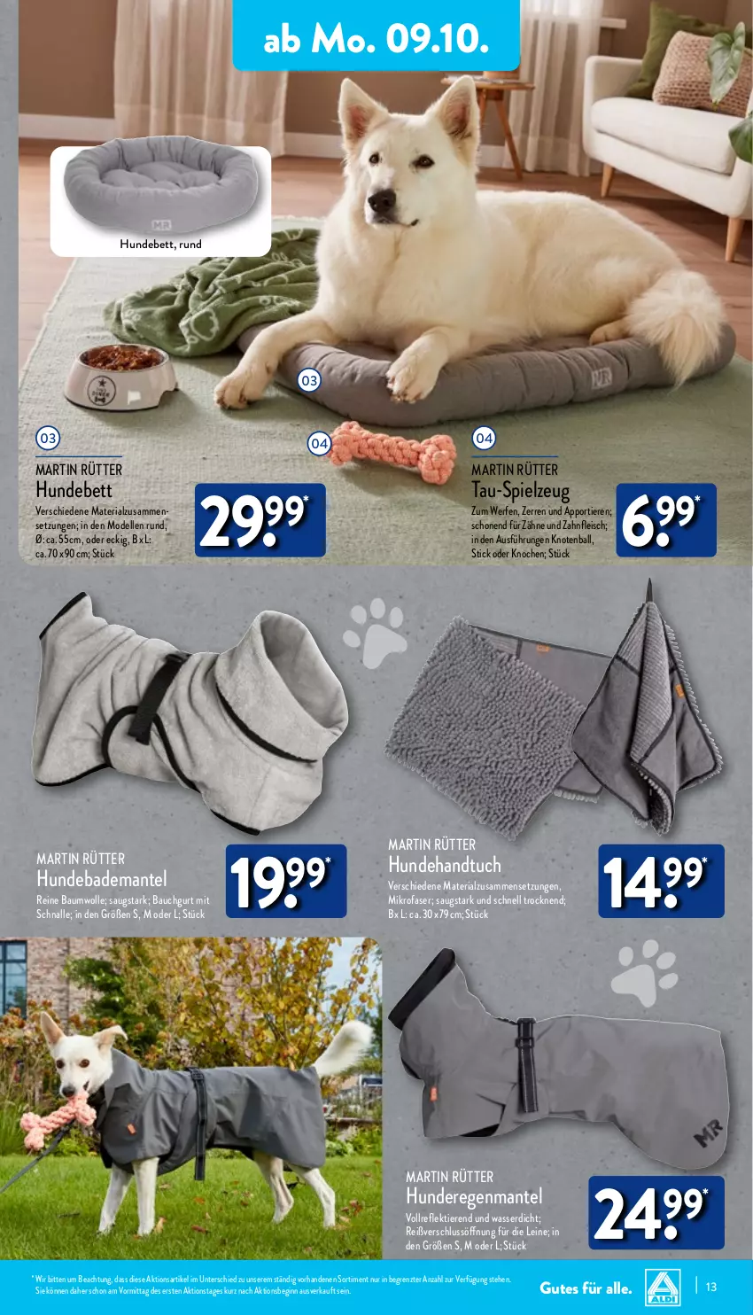 Aktueller Prospekt Aldi Nord - Von Montag - von 09.10 bis 14.10.2023 - strona 13 - produkty: Bad, Bademantel, ball, Bau, baumwolle, bett, dell, eis, elle, fleisch, gin, handtuch, Hundebett, leine, Mantel, mikrofaser, Mode, reine baumwolle, Ria, spielzeug, Ti, Tiere, tuc, wasser, wolle, ZTE