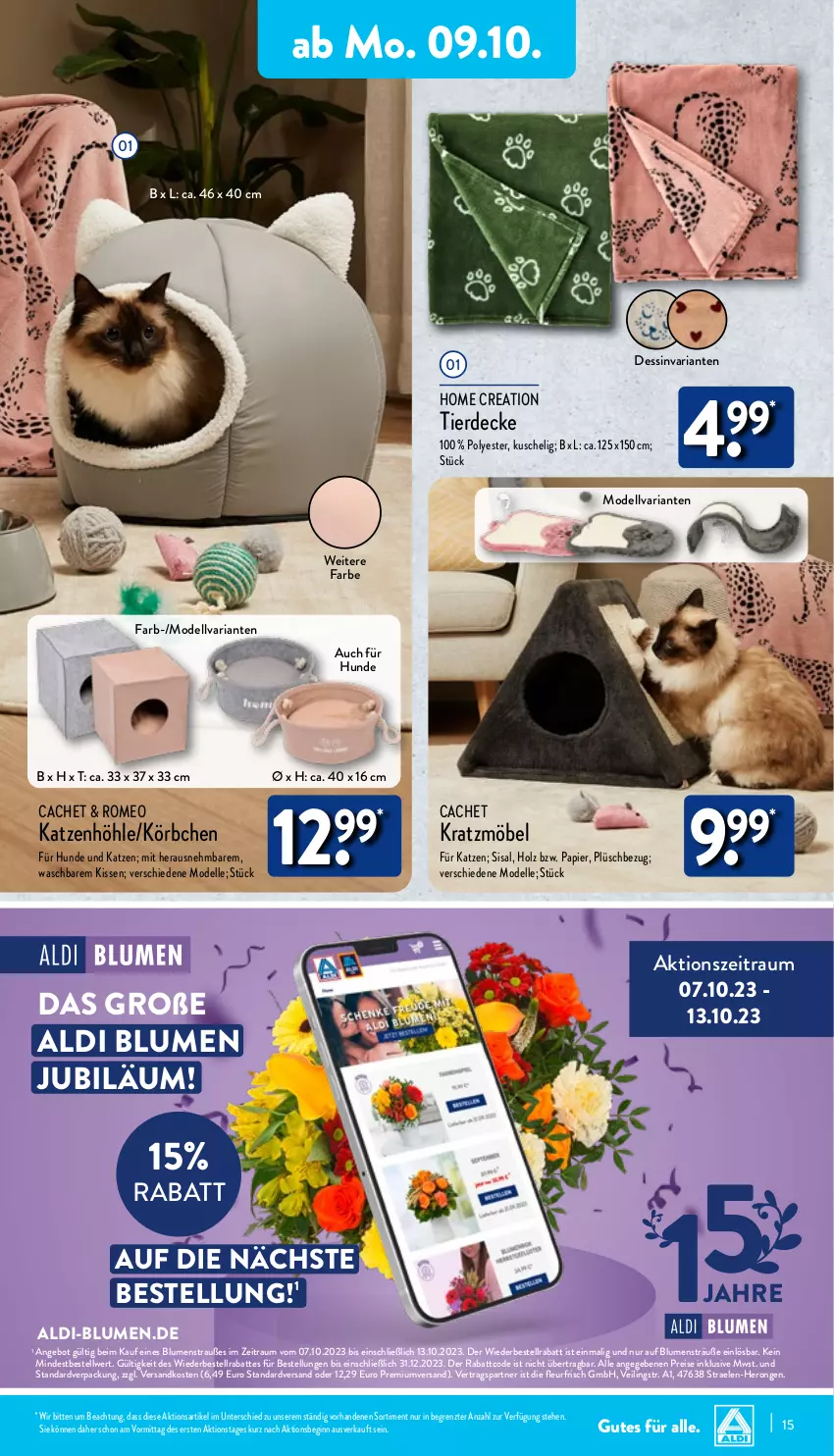 Aktueller Prospekt Aldi Nord - Von Montag - von 09.10 bis 14.10.2023 - strona 15 - produkty: aldi, angebot, blume, blumen, Blumenstrauß, decke, dell, eis, elle, erde, gin, hero, Holz, kissen, Körbchen, möbel, Mode, ndk, papier, Plüsch, reis, Ria, Ti, ZTE