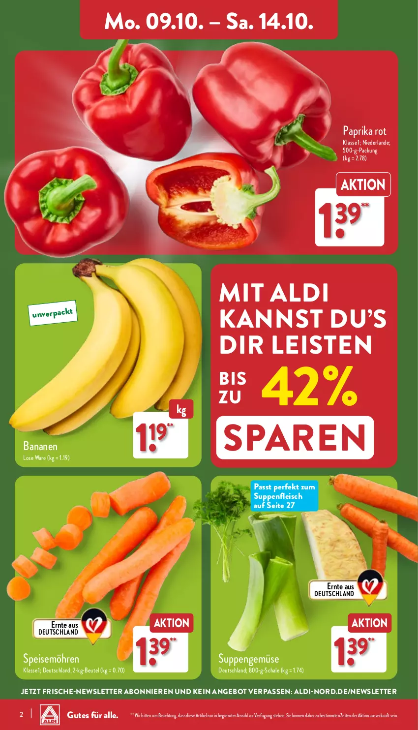 Aktueller Prospekt Aldi Nord - Von Montag - von 09.10 bis 14.10.2023 - strona 2 - produkty: aldi, angebot, banane, bananen, beutel, eis, fleisch, möhren, paprika, paprika rot, Schal, Schale, speisemöhren, suppe, suppen, suppenfleisch, Ti, ZTE