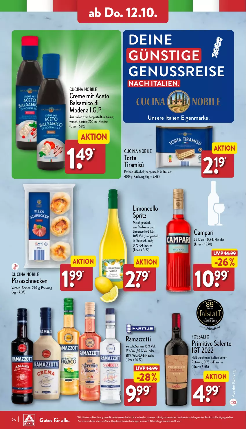 Aktueller Prospekt Aldi Nord - Von Montag - von 09.10 bis 14.10.2023 - strona 26 - produkty: aceto, aceto balsamico, alkohol, balsam, balsamico, campari, cin, creme, eis, elle, flasche, getränk, gin, likör, limo, Mode, nuss, pizza, primitivo, rama, ramazzott, ramazzotti, reis, rotwein, teller, Ti, wein, zott, ZTE