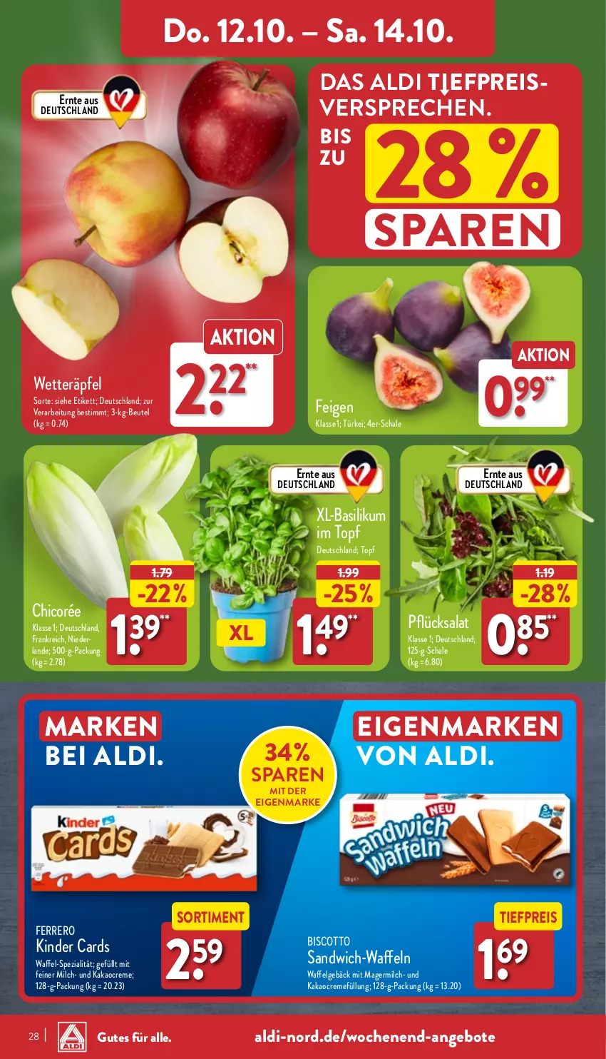 Aktueller Prospekt Aldi Nord - Von Montag - von 09.10 bis 14.10.2023 - strona 28 - produkty: aldi, angebot, angebote, basilikum, beutel, biscotto, creme, eis, Feigen, ferrero, Germ, kakao, Kinder, LG, milch, reis, salat, sandwich, Schal, Schale, Spezi, Ti, tiefpreis, topf, waffeln