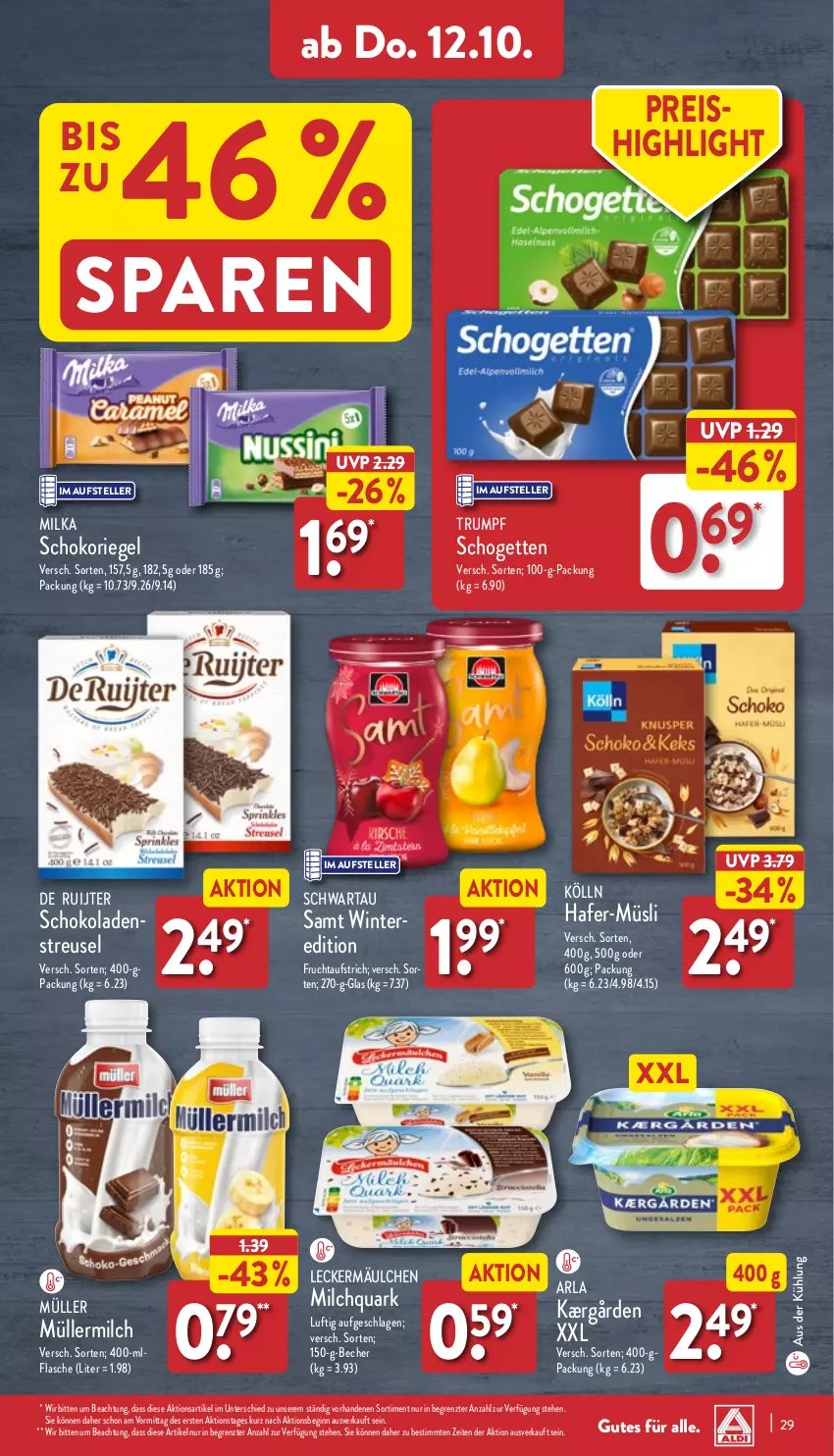 Aktueller Prospekt Aldi Nord - Von Montag - von 09.10 bis 14.10.2023 - strona 29 - produkty: arla, aufstrich, Becher, eis, elle, flasche, frucht, fruchtaufstrich, gin, hafer, Kærgården, kölln, leckermäulchen, milch, milka, Müller, müllermilch, müsli, quark, reis, riegel, rum, schogetten, schoko, schokolade, schokoladen, schokoriegel, Schwartau, teller, Ti, ZTE