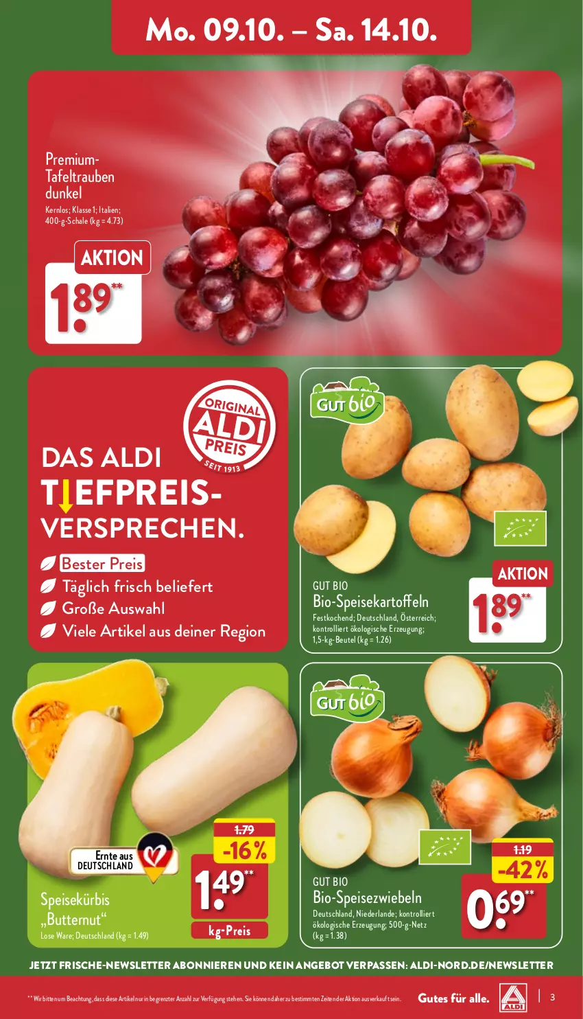 Aktueller Prospekt Aldi Nord - Von Montag - von 09.10 bis 14.10.2023 - strona 3 - produkty: aldi, angebot, beutel, bio, butter, eis, kartoffel, kartoffeln, Kürbis, reis, Schal, Schale, speisekartoffeln, Speisezwiebeln, tafeltrauben, Ti, trauben, trolli, ZTE, zwiebel, zwiebeln