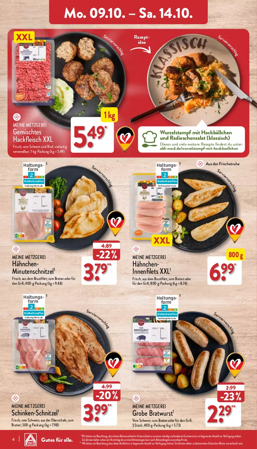 Aktueller Prospekt Aldi Nord - Von Montag - von 09.10 bis 14.10.2023 - strona 4 - produkty: aldi, braten, bratwurst, brustfilet, eis, filet, filets, fleisch, gin, grill, grobe bratwurst, hackfleisch, minutenschnitzel, radieschen, rezept, rezepte, rind, rwe, salat, Schal, Schale, schinken, schnitzel, schwein, schwein und rind, Ti, vom schwein und rind, wein, wurst, ZTE