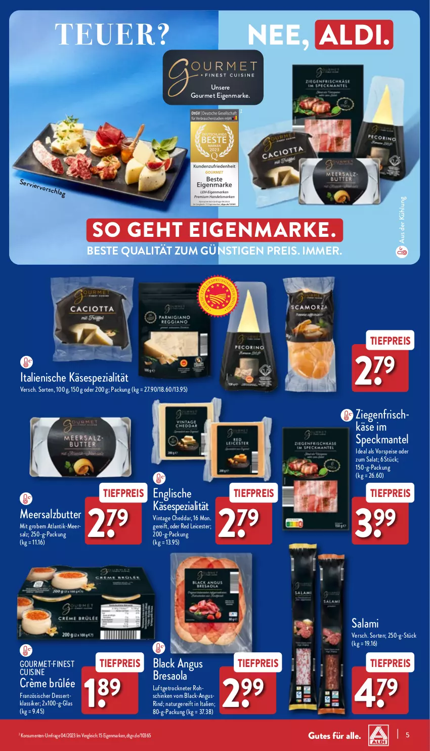 Aktueller Prospekt Aldi Nord - Von Montag - von 09.10 bis 14.10.2023 - strona 5 - produkty: aldi, Bresaola, butter, cheddar, Crème Brûlée, dessert, eis, ente, Käse, lack, Mantel, meersalz, Meersalzbutter, natur, reis, resa, rind, salami, salat, salz, schinken, Speck, Spezi, Ti, tiefpreis, vorspeise