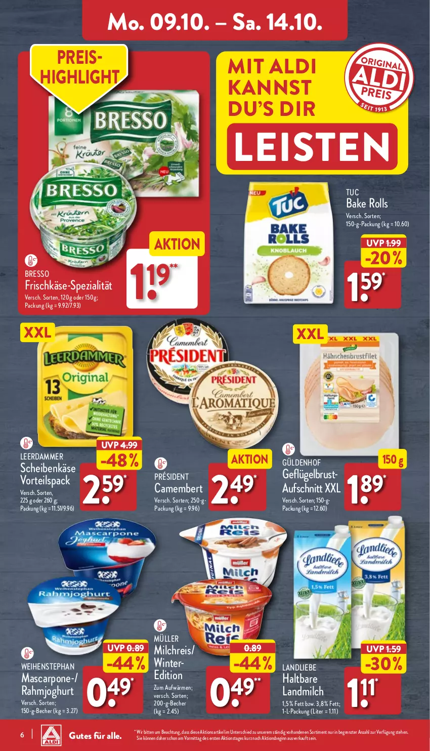 Aktueller Prospekt Aldi Nord - Von Montag - von 09.10 bis 14.10.2023 - strona 6 - produkty: aldi, aufschnitt, Becher, bresso, camembert, eis, frischkäse, Geflügel, gin, joghur, joghurt, Käse, landliebe, landmilch, leerdammer, mascarpone, milch, milchreis, Müller, rahmjoghurt, reis, Spezi, Ti, tuc, weihenstephan, ZTE