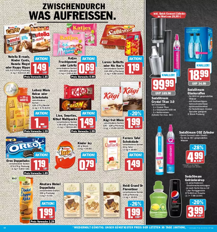 Aktueller Prospekt Aez - Prospekte - von 03.07 bis 08.07.2023 - strona 12 - produkty: beutel, eis, ferrero, flasche, Florentiner, frucht, fruchtgummi, getränk, getränke, getränkesirup, glaskaraffe, hanuta, hipp, Kägi, Karaffe, katjes, keks, kekse, Kinder, kitkat, Lakritz, leibniz, lion, lorenz, mac, natur, natura, nutella, oder lakritz, oreo, reis, reiss, riegel, saltletts, schoko, schokolade, sirup, smarties, Soda, sodastream, Sprudel, spülmaschinen, Ti, wasser, ZTE