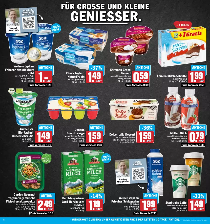 Aktueller Prospekt Aez - Prospekte - von 03.07 bis 08.07.2023 - strona 8 - produkty: auer, Bau, Bauer, Becher, bio, caffe, caramel, creme, danone, danone fruchtzwerge, dessert, ehrmann, Ehrmann Grand Dessert, eis, elinas, elinas joghurt, ferrero, flasche, fleisch, frucht, fruchtzwerge, garden gourmet, grill, joghur, joghurt, joghurt mild, lachs, lamm, lammlachse, leine, milch, milch-schnitte, Müller, natur, naturjoghurt, reis, schlagrahm, starbucks, Ti, tzatziki, Vegeta, weihenstephan, ZTE