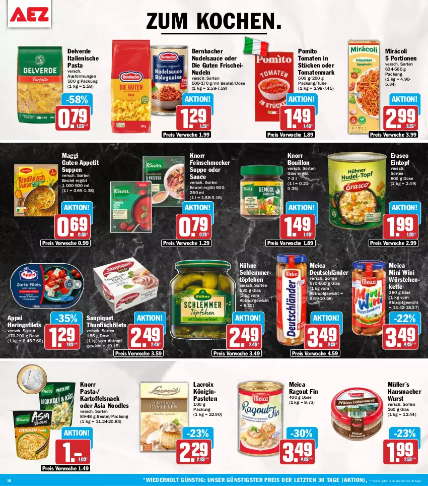 Aktueller Prospekt Aez - Prospekte - von 28.09 bis 02.10.2026 - strona 10 - produkty: bernbacher, beutel, eintopf, eis, erasco, erde, feinschmecker, filet, filets, fisch, gin, Hausmacher, hering, Herings, heringsfilets, italienische pasta, kartoffel, Kette, knorr, knorr pasta, Kühne, mac, maggi, meica, Mirácoli, Müller, nudel, nudeln, pasta, pastete, pomito, Ragout, reis, ring, sauce, saupiquet, schlemmertöpfchen, snack, suppe, suppen, thunfisch, Ti, tomate, tomaten, tomatenmark, topf, Töpfchen, wurst, würstchen, ZTE