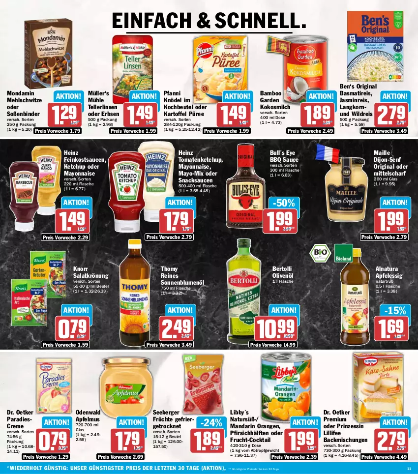 Aktueller Prospekt Aez - Prospekte - von 28.09 bis 02.10.2026 - strona 11 - produkty: apfel, apfelessig, apfelmus, backmischung, Backmischungen, bamboo, basmati, Berger, bertolli, beutel, blume, blumen, blumenöl, cocktail, creme, dijon-senf, Dr. Oetker, eis, elle, erbsen, essig, feinkost, flasche, frucht, früchte, gin, heinz, kartoffel, ketchup, Knödel, knorr, kochbeutel, kokos, kokosmilch, korn, linsen, maille, mayonnaise, mehl, milch, mondamin, Müller, natur, natura, odenwald, olive, oliven, olivenöl, orange, orangen, pfanni, pfirsich, püree, reis, salat, salatkrönung, sauce, saucen, seeberger, senf, snack, snacks, sonnenblume, sonnenblumen, sonnenblumenöl, Soße, teller, thomy, Ti, tomate, tomaten, tomatenketchup, Wild, Yo, ZTE