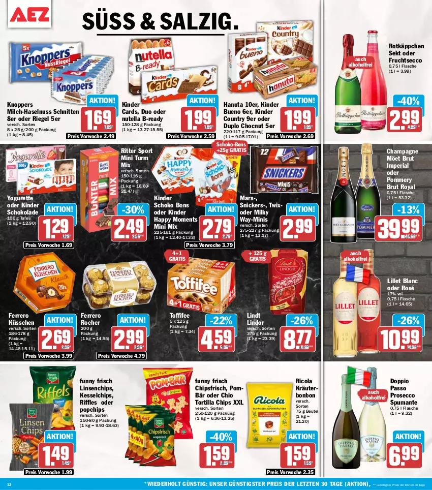 Aktueller Prospekt Aez - Prospekte - von 28.09 bis 02.10.2026 - strona 12 - produkty: alkohol, beutel, brut, champagne, chips, chipsfrisch, cola, doppio passo, duplo, ecco, eis, ferrero, Ferrero Küsschen, flasche, frucht, fruchtsecco, Funny Frisch, hanuta, haselnuss, Kinder, kinder bueno, kinder country, kinder schokolade, knoppers, kräuter, lillet, lindor, lindt, linsen, mars, milch, nuss, nutella, passo, prosecco, puma, reis, Ria, Ricola, riegel, ritter, ritter sport, rotkäppchen, salz, schnitten, schoko, schoko-bons, schokolade, sekt, snickers, Sport, spumante, Ti, toffifee, tortilla, Tortilla Chips, twix, Yo, yogurette, ZTE