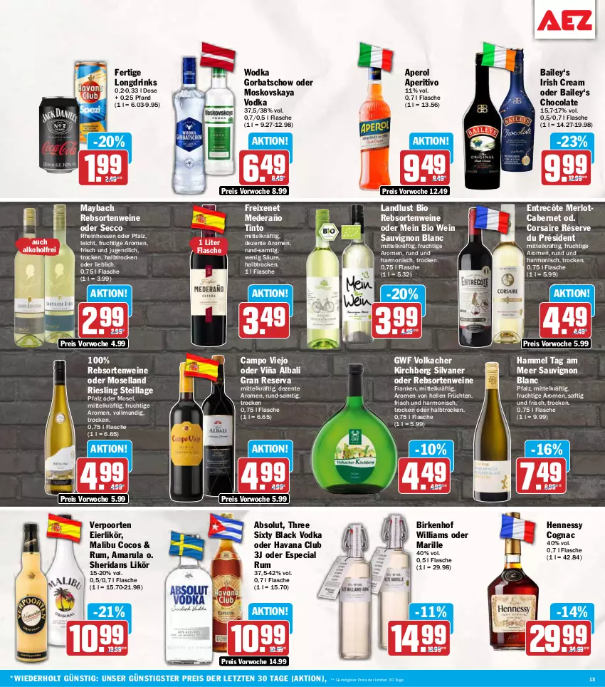 Aktueller Prospekt Aez - Prospekte - von 28.09 bis 02.10.2026 - strona 13 - produkty: alkohol, amarula, aperol, bio, cabernet, campo viejo, cocos, Cognac, cola, Corsaire, drink, drinks, ecco, eier, eierlikör, eis, elle, ente, entrecôte, flasche, freixenet, frucht, früchte, früchten, Gorbatschow, Havana Club, irish cream, lack, likör, Malibu, maybach, merl, merlot, moselland, moskovskaya, rebsortenweine, reis, riesling, rum, saft, sauvignon, sauvignon blanc, silvaner, Three Sixty, Ti, verpoorten, vodka, wein, weine, wodka, ZTE