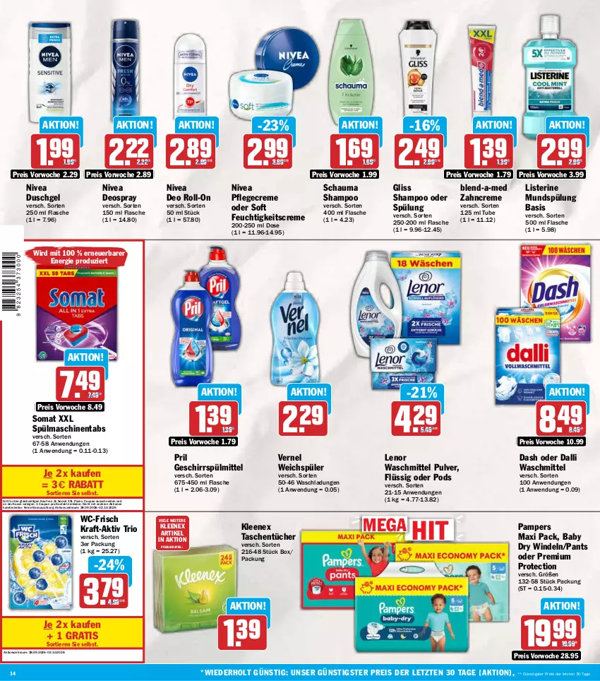 Aktueller Prospekt Aez - Prospekte - von 28.09 bis 02.10.2026 - strona 14 - produkty: blend-a-med, coupon, creme, dalli, deo, deo roll-on, deospray, duschgel, eis, feuchtigkeitscreme, flasche, geschirr, geschirrspülmittel, gliss, kraft, lenor, lenor waschmittel, listerine, mundspülung, nivea, pampers, Pants, Pflegecreme, Pods, pril, reis, roll-on, schauma, schauma shampoo, shampoo, shampoo oder spülung, somat, spülmaschinen, spülmaschinentabs, spülmittel, spülung, Tasche, taschen, taschentücher, Ti, Tiere, tücher, vernel, waschmittel, weichspüler, windeln, zahncreme, ZTE
