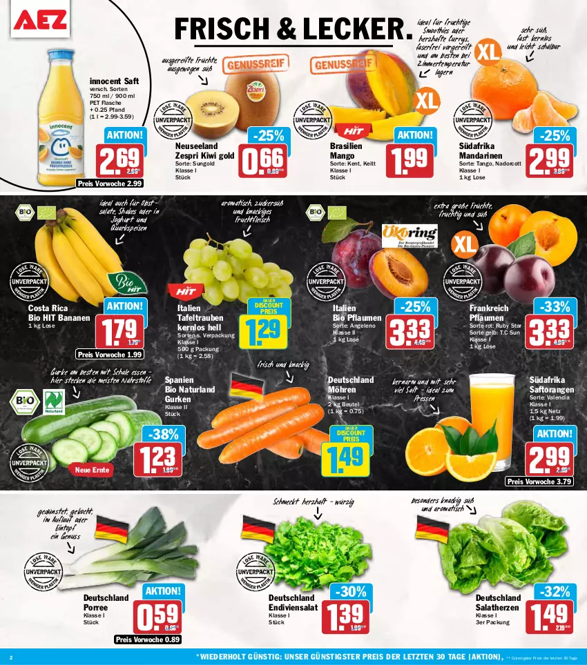 Aktueller Prospekt Aez - Prospekte - von 28.09 bis 02.10.2026 - strona 2 - produkty: auer, banane, bananen, beutel, bio, bio hit, curry, discount, eintopf, eis, Elan, flasche, fleisch, frucht, früchte, fruchtfleisch, gurke, gurken, Innocent, joghur, joghurt, kiwi, Kiwi Gold, mandarine, mandarinen, mango, möhren, natur, naturland, nuss, obst, orange, orangen, pflaume, pflaumen, quark, reis, saft, Saftorangen, salat, salate, salatherzen, Schal, Schale, shake, smoothie, smoothies, tafeltrauben, Ti, tisch, topf, trauben, zespri, ZTE, zucker