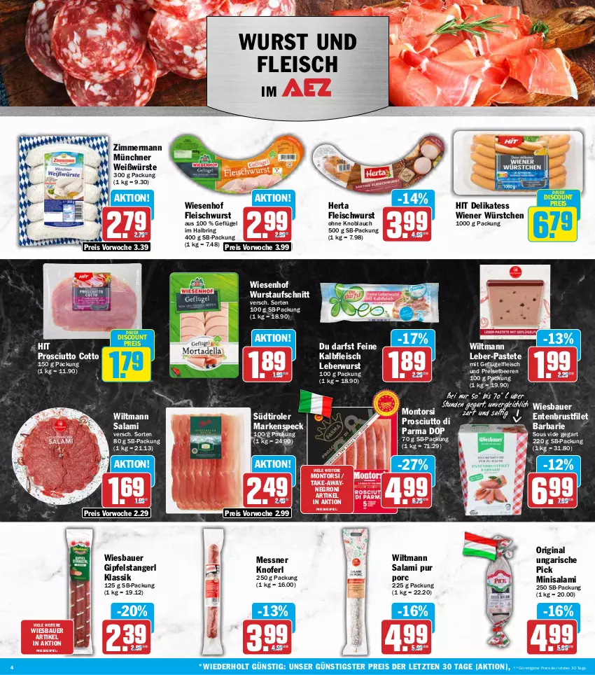 Aktueller Prospekt Aez - Prospekte - von 28.09 bis 02.10.2026 - strona 4 - produkty: auer, aufschnitt, Bau, Bauer, beere, beeren, brustfilet, discount, eis, ente, Entenbrust, filet, fleisch, fleischwurst, Geflügel, gin, herta, Kalbfleisch, knoblauch, Leber-Pastete, leberwurst, montorsi, pastete, prosciutto, prosciutto cotto, Prosciutto di Parma, reis, ring, saft, salami, Speck, südtiroler, Ti, wiener, wiener würstchen, wiesbauer, wiesenhof, wiltmann, wurst, würstchen, ZTE