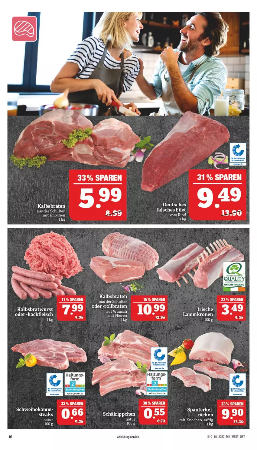 Aktueller Prospekt Marktkauf - Prospekt - von 01.05 bis 07.05.2022 - strona 10 - produkty: braten, bratwurst, Kalbsbratwurst, krone, lamm, Lammkrone, natur, rind, rollbraten, saft, schwein, schweine, Ti, wein, weine, wurst