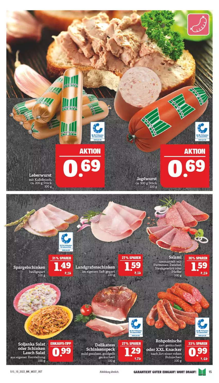 Aktueller Prospekt Marktkauf - Prospekt - von 01.05 bis 07.05.2022 - strona 15 - produkty: HP, jagdwurst, knacker, salami, salat, salz, schinken, schinkenspeck, spargel, spargelschinken, Speck, tee, Ti, wurst, zwiebel