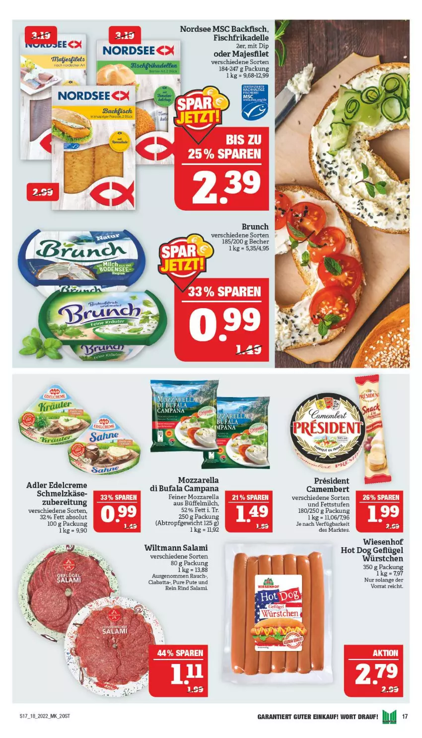 Aktueller Prospekt Marktkauf - Prospekt - von 01.05 bis 07.05.2022 - strona 16 - produkty: backfisch, Becher, camembert, ciabatta, dell, elle, filet, fisch, Geflügel, hot dog, milch, mozzarella, Nordsee, pute, Rauch, rel, rind, salami, Ti, wiesenhof, wiltmann, würstchen