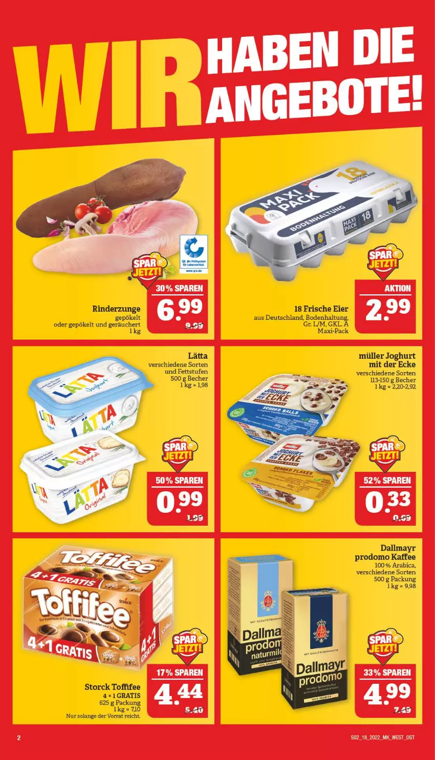 Aktueller Prospekt Marktkauf - Prospekt - von 01.05 bis 07.05.2022 - strona 2 - produkty: Becher, dallmayr, dallmayr prodomo, eier, joghur, joghurt, joghurt mit der ecke, kaffee, lätta, Müller, prodomo, rind, rinder, Rinderzunge, storck, Ti, toffifee