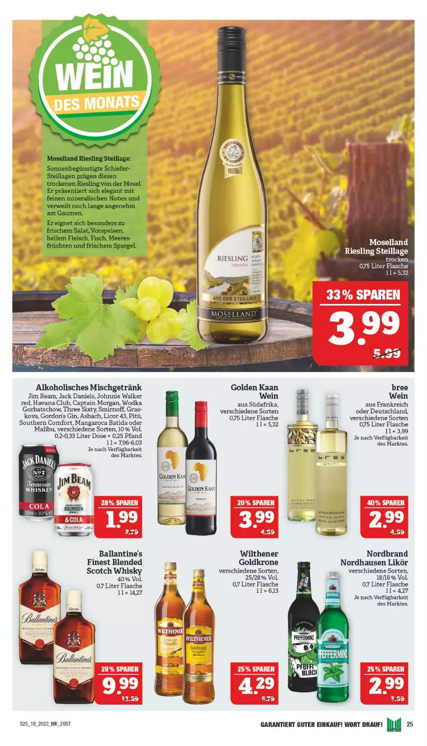 Aktueller Prospekt Marktkauf - Prospekt - von 01.05 bis 07.05.2022 - strona 24 - produkty: alkohol, ball, Ballantine's, batida, bree, Cap, captain morgan, flasche, getränk, gin, goldkrone, Gorbatschow, gordon, gordons, Havana Club, jack daniel, jack daniels, jim beam, johnnie walker, krone, licor, licor 43, likör, Malibu, mangaroca, moselland, nordbrand, riesling, scotch, scotch whisky, smirnoff, Southern Comfort, Three Sixty, Ti, wein, whiskey, whisky, wilthener, wodka