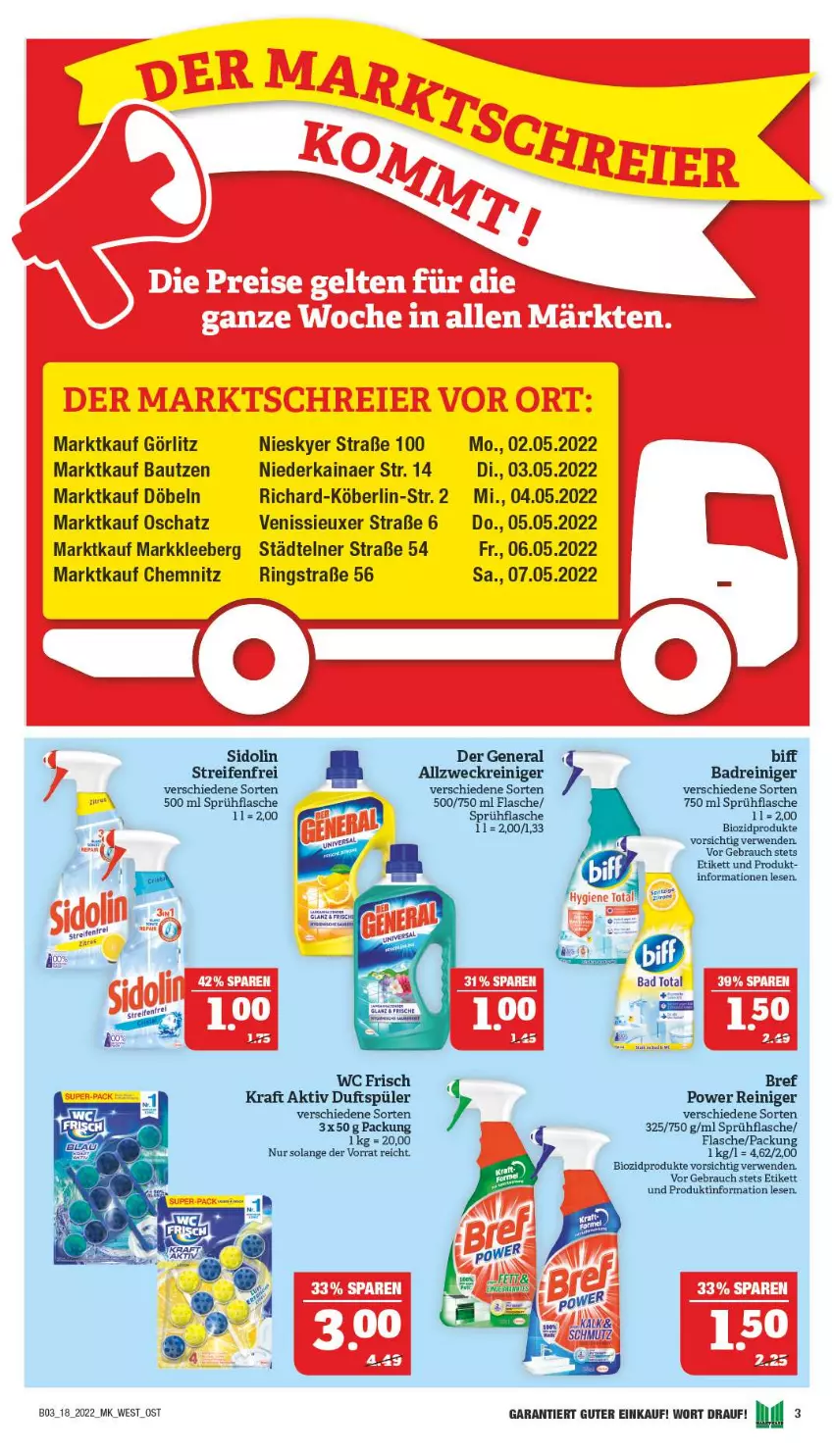 Aktueller Prospekt Marktkauf - Prospekt - von 01.05 bis 07.05.2022 - strona 42 - produkty: allzweckreiniger, Bad, Bau, biff, bio, biozidprodukte, Bref, eier, flasche, kraft, Rauch, reifen, reiniger, ring, rwe, sidolin, sprühflasche, Ti, wc frisch, weck